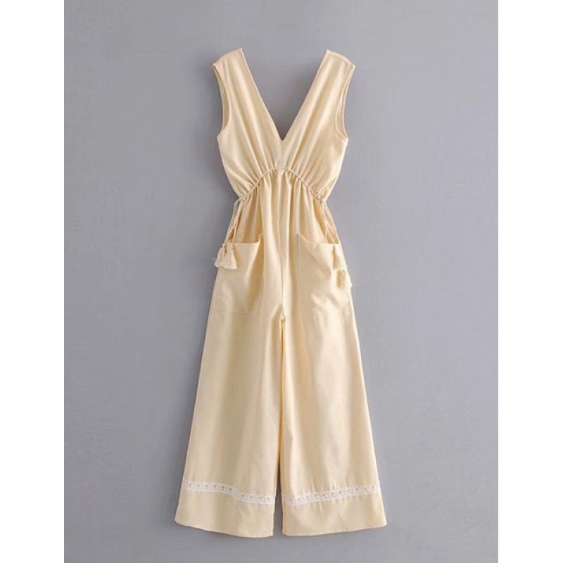 Fashion Beige Pure Color Decorated JumpsuitNo.:E87...