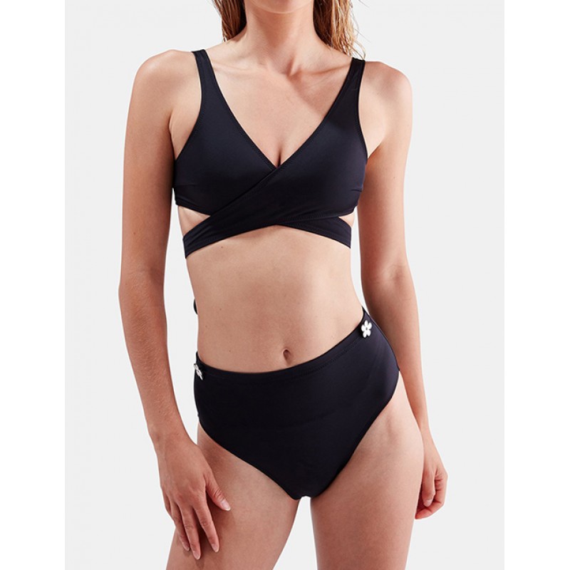 Sexy Black Pure Color Decorated Bandage SwimwearNo...